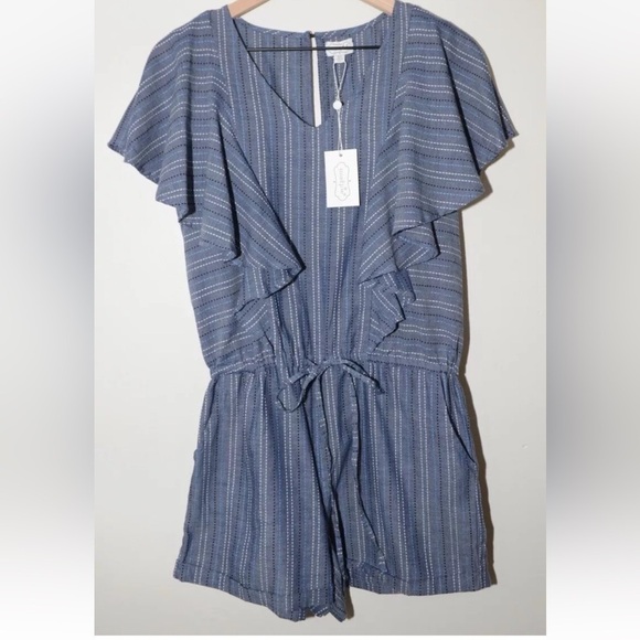 Mud Pie Romper Womens XS Isla (3”) Shorts Blue Chambray Stitched Stripe Ruffles - Picture 2 of 11